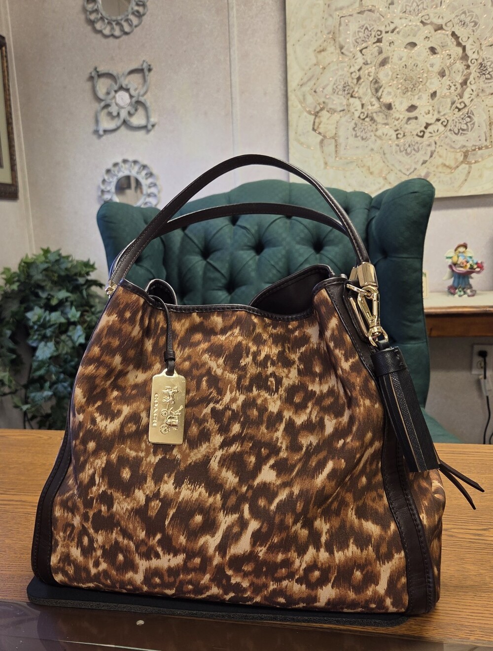 Coach Brown Leopard-Print Shoulder Bag with Gold Tag